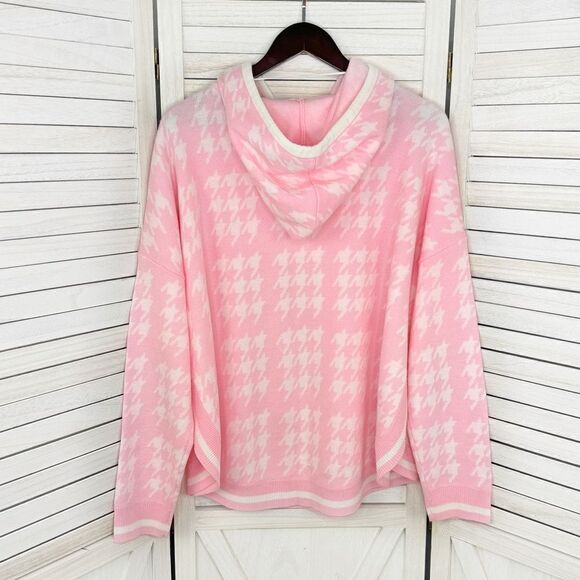 Crown & Ivy Houndstooth Hooded Long Sleeve Poncho Sweater Pink White Large - Picture 8 of 12